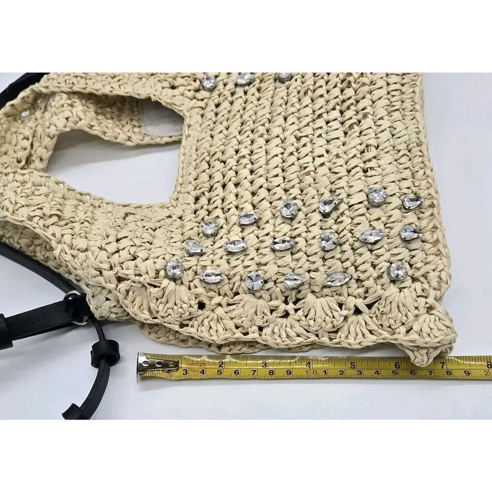 NWT BTB Los Angeles Straw Bag Crystal Embellished Crossbody Boho Shabby Chic Cot - Picture 5 of 10